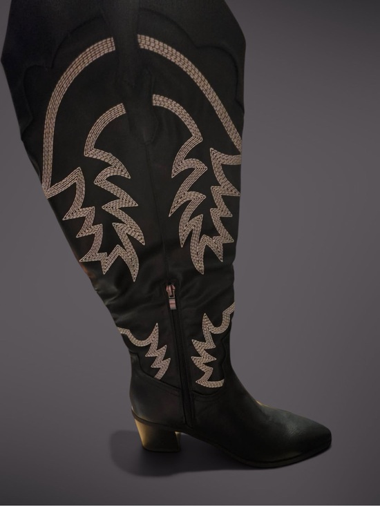 Shoes - Black Women's Western Knee-High Boots with Silver Stitching